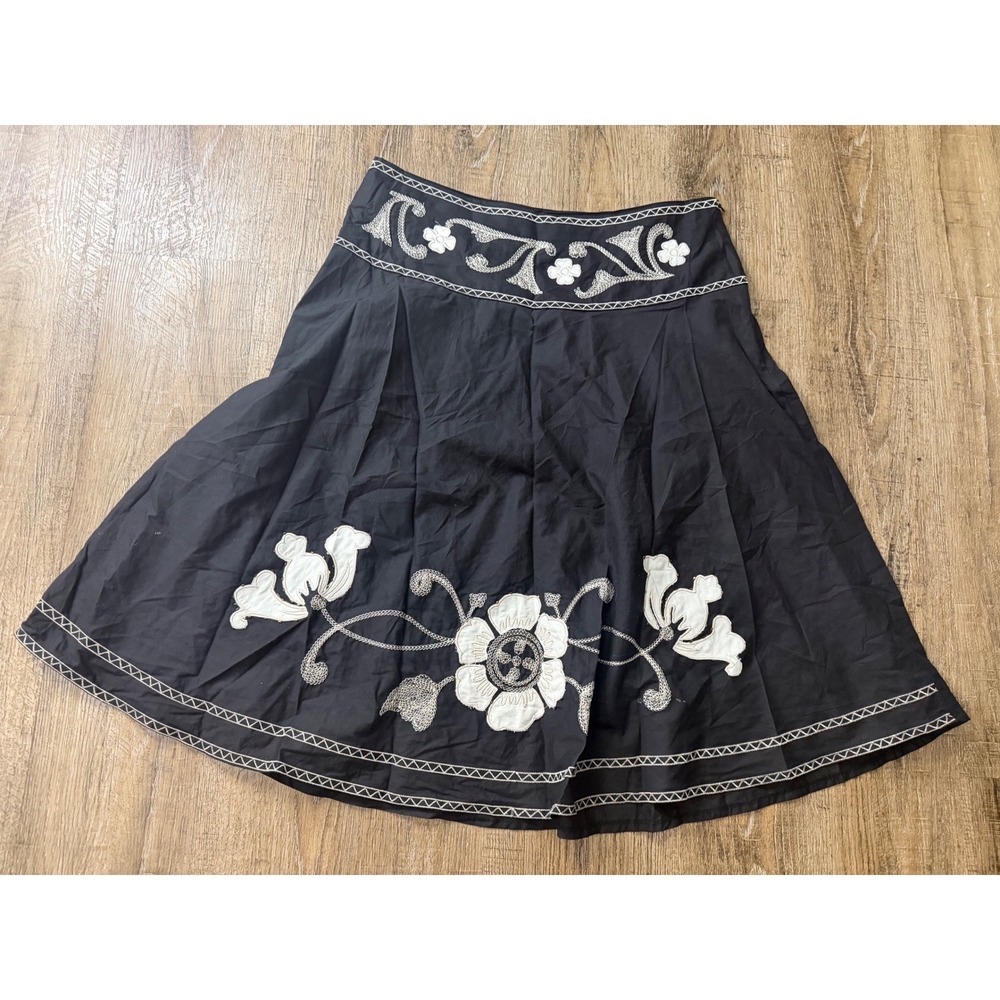 Neslay Black Cotton Embroidered Floral A-Line Skirt Large Side Zip Boho Midi